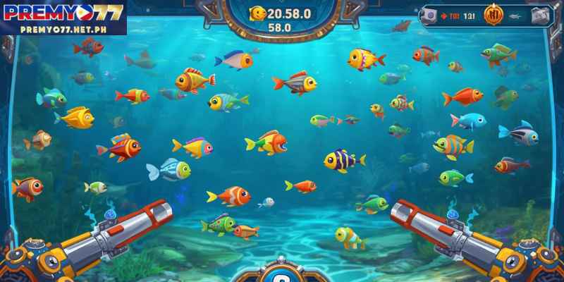 Modern fishing slots interface with colorful fish and cannons