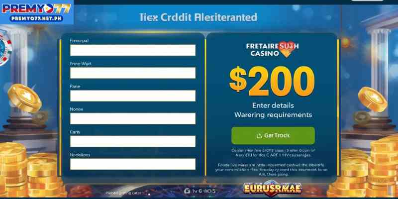 Free credits casino registration bonus activation interface with wagering requirement details