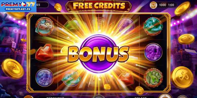 Online slot gameplay screen displaying free credits casino bonus balance during active spin